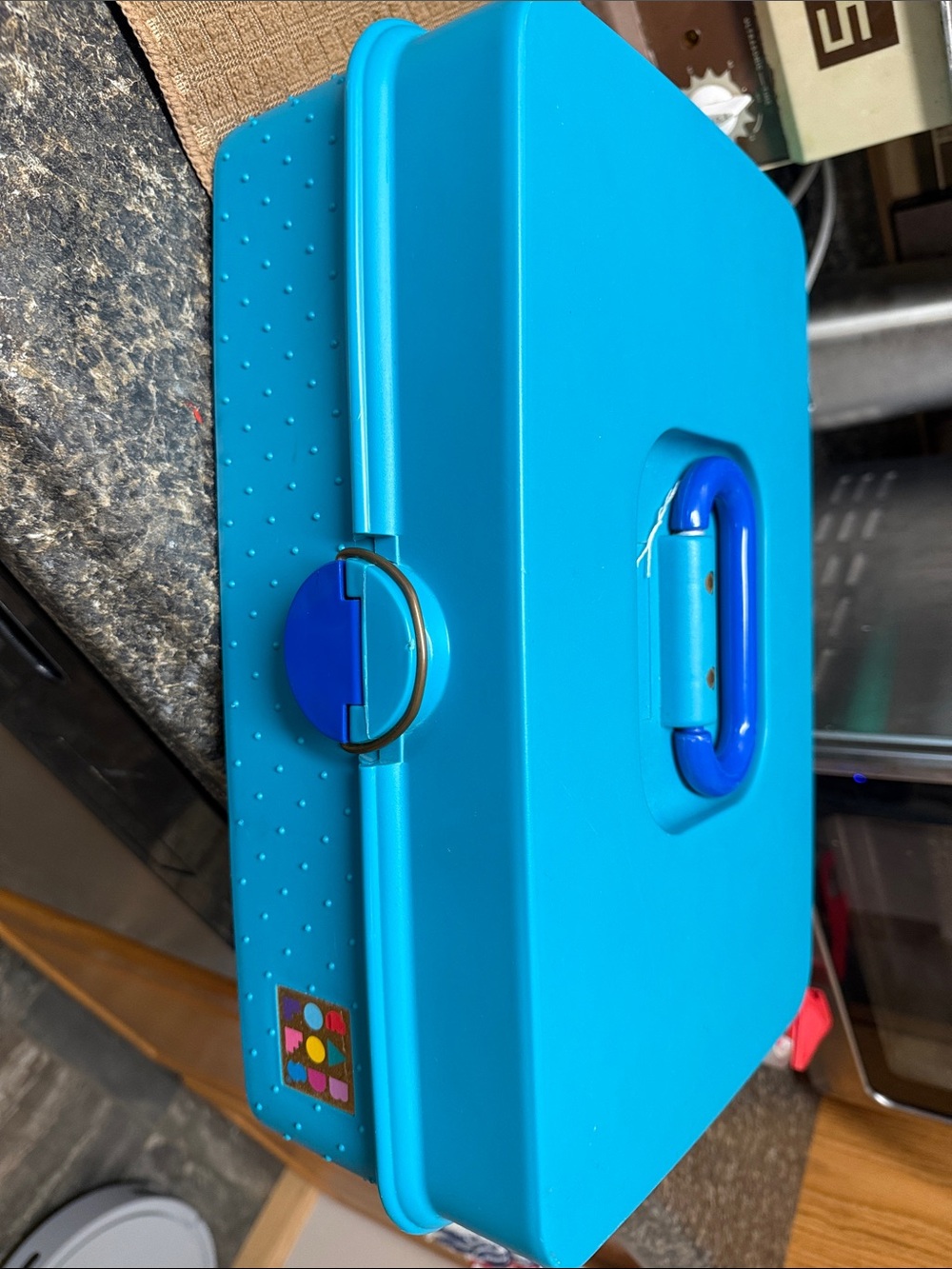 Bright Turquoise caboodle’s Travel Case with Blue Handle 1990’s